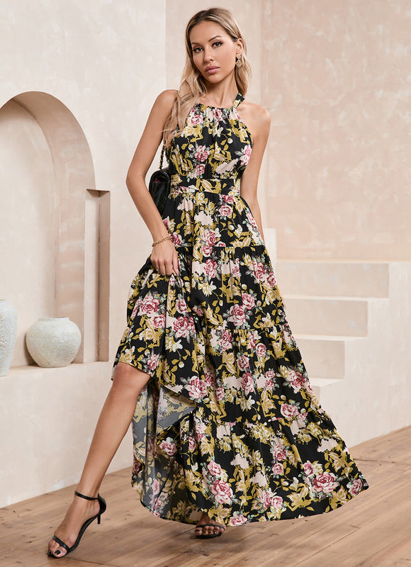 Robe imprimé fleur licou trapèze polyester maxi - gallery 6
