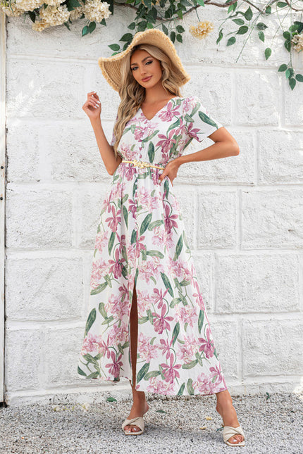 Robe imprimé fleur col v trapèze rayonne maxi