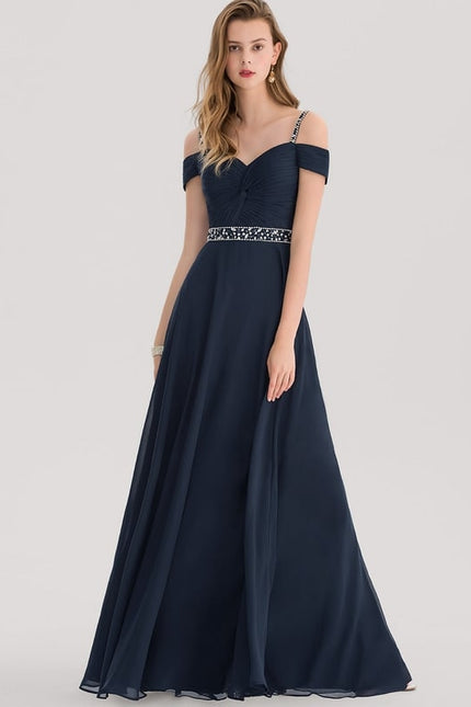 Trapèze col v décolleté épaules longueur ras du sol mousseline robe de bal avec plissée paillettes perles - gallery 3