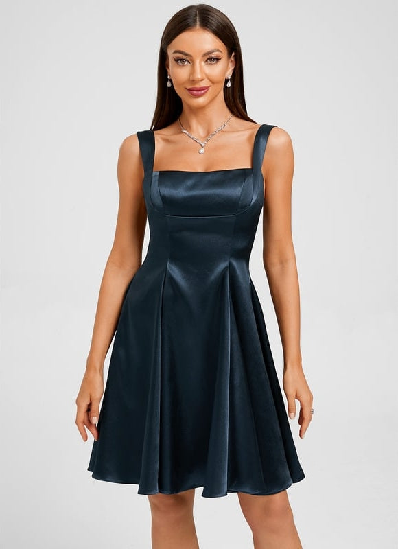 Trapèze col droit court satin extensible robe de bal de promo avec nœud - gallery 2