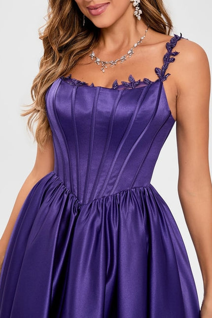Princesse col rond longueur ras du sol satin robe de bal avec appliques de dentelle perles