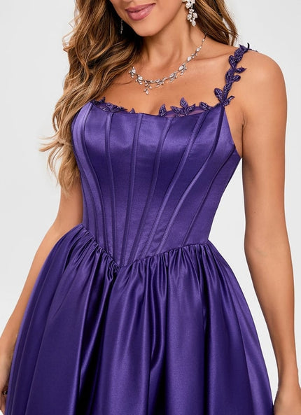 Princesse col rond longueur ras du sol satin robe de bal avec appliques de dentelle perles