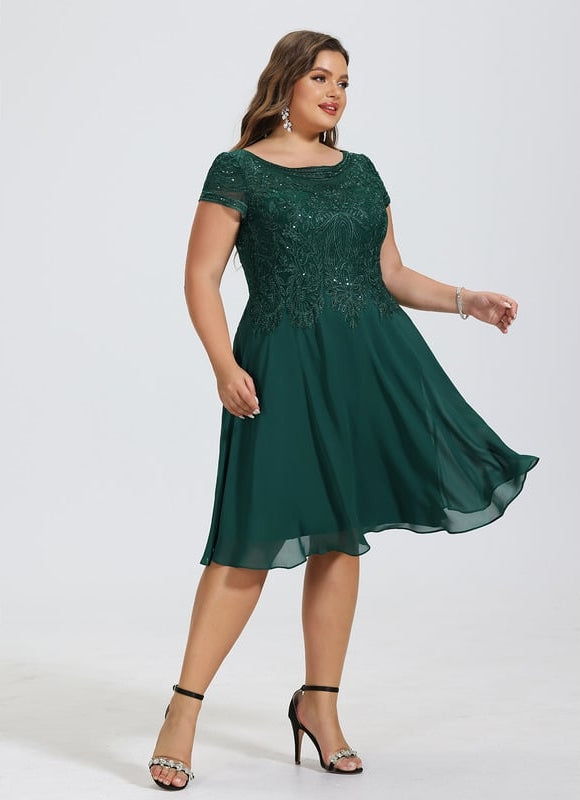 Trapèze col rond longueur genou dentelle mousseline robe de cocktail avec paillettes - gallery 9