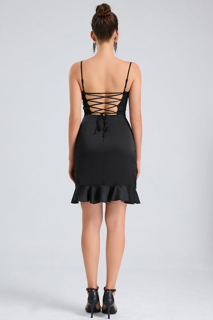 Fourreau col droit court satin de soie robe de bal de promo avec à volants - gallery 1