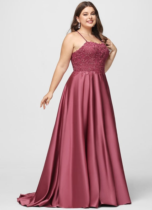Trapèze col carré traîne balayage satin robe de bal avec strass - gallery 8