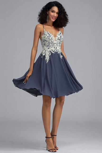 Trapèze col v court mousseline robe de bal de promo avec paillettes perles - gallery 2