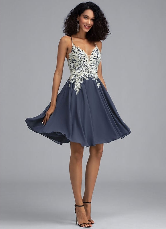 Trapèze col v court mousseline robe de bal de promo avec paillettes perles - gallery 2