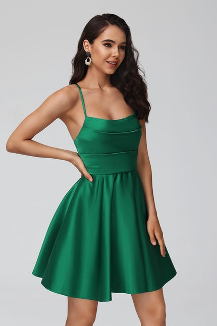 Trapèze col bénitier court satin robe de bal de promo avec plissée - gallery 3