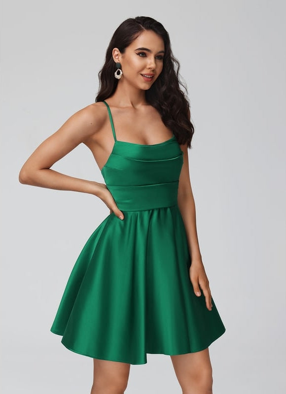 Trapèze col bénitier court satin robe de bal de promo avec plissée - gallery 3