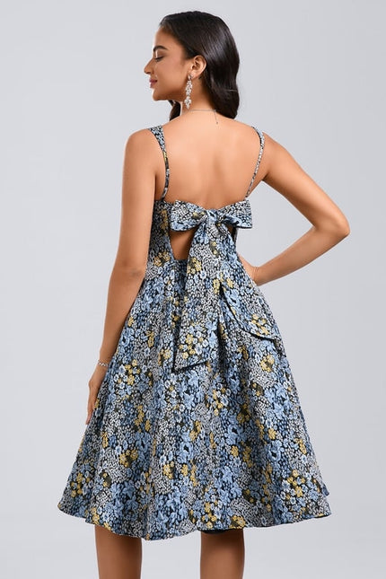 Trapèze col carré longueur genou jacquard robe de bal de promo avec nœud - gallery 5