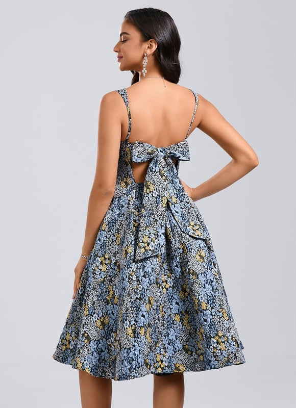 Trapèze col carré longueur genou jacquard robe de bal de promo avec nœud - gallery 5