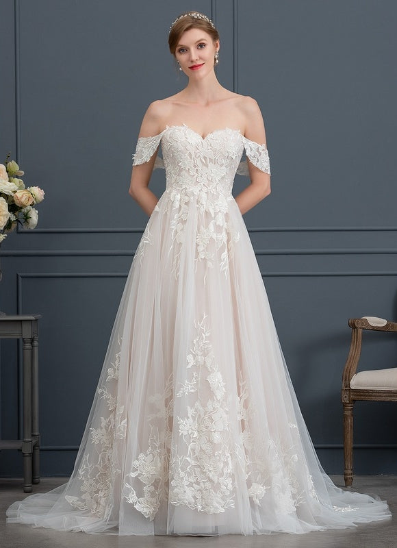 Princesse col cœur traîne balayage tulle dentelle robe de mariée - gallery 1