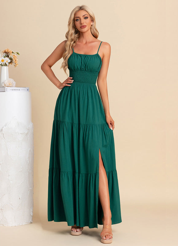 Robe plissée col carré trapèze polyester maxi - gallery 5