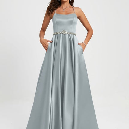 Trapèze col rond longueur ras du sol satin robe de bal avec strass