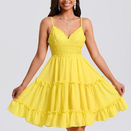 Trapèze col v court mousseline robe de bal de promo avec à volants paillettes