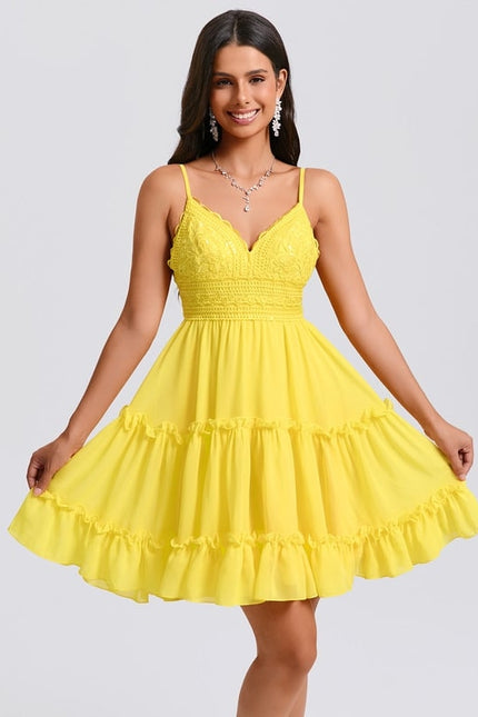 Trapèze col v court mousseline robe de bal de promo avec à volants paillettes