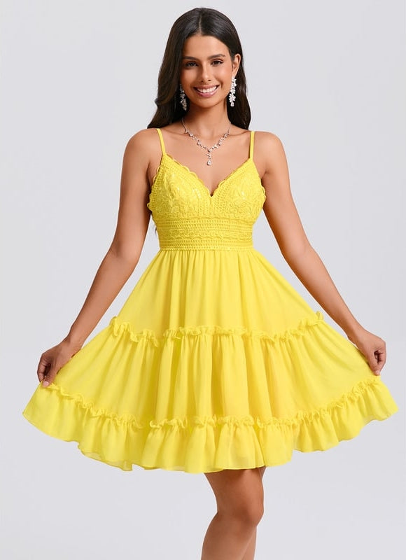 Trapèze col v court mousseline robe de bal de promo avec à volants paillettes