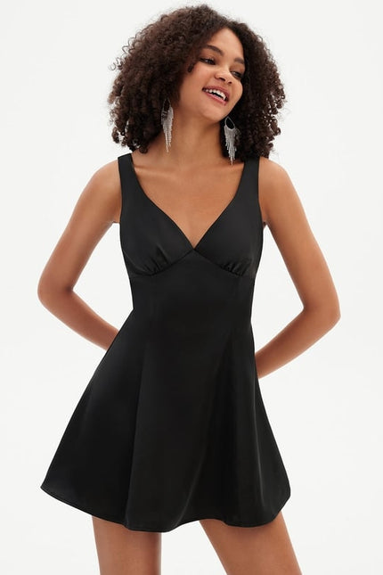 Trapèze col v mini satin de soie robe de bal de promo avec nœud - gallery 1