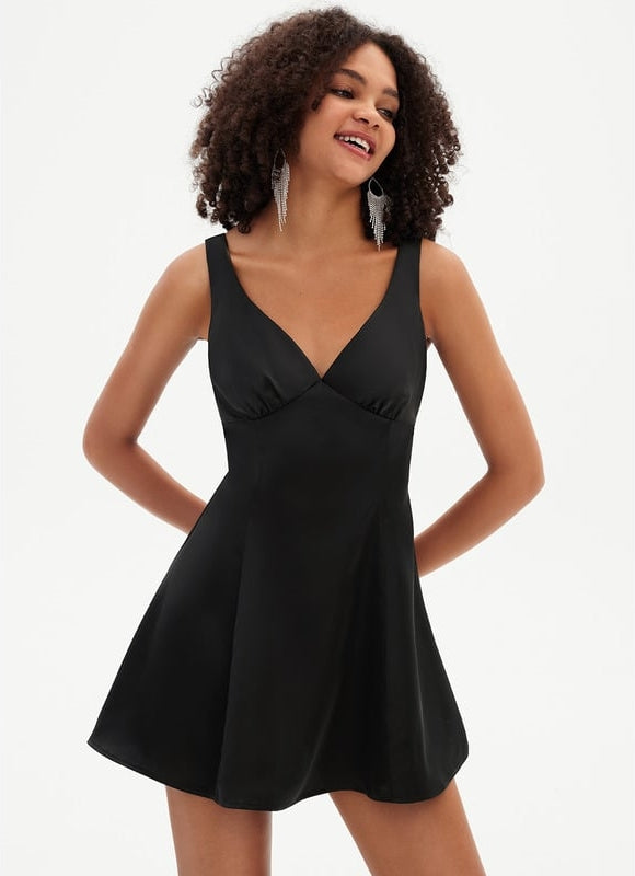 Trapèze col v mini satin de soie robe de bal de promo avec nœud - gallery 1