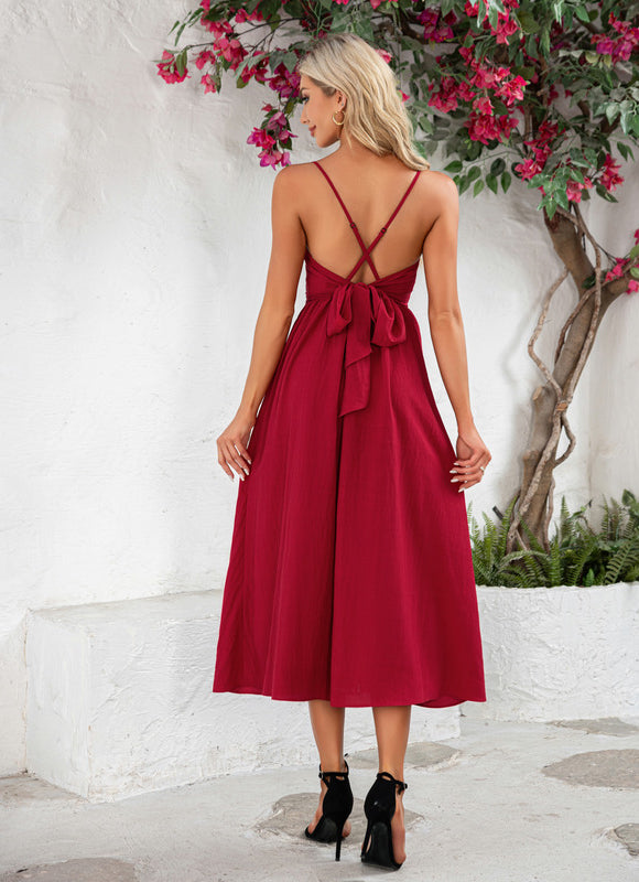 Robe nœud col v trapèze polyester midi - gallery 2