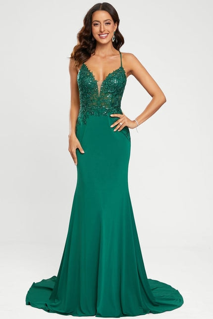 Sirène col v traîne balayage jersey robe de bal avec paillettes