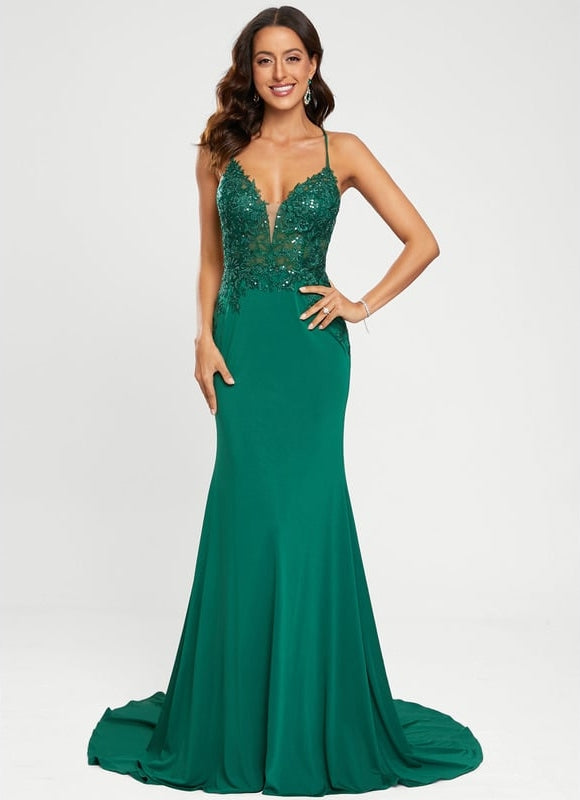 Sirène col v traîne balayage jersey robe de bal avec paillettes