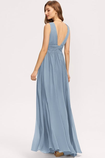 Trapèze col v longueur ras du sol mousseline robe de bal avec plissée - gallery 2