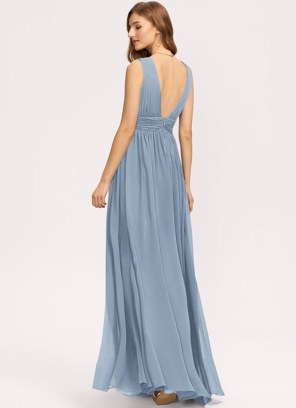 Trapèze col v longueur ras du sol mousseline robe de bal avec plissée - gallery 2