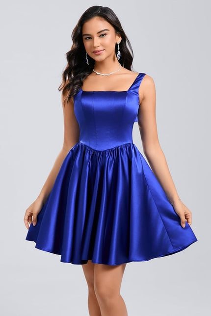 Trapèze col carré court satin robe de bal de promo avec nœud - gallery 2