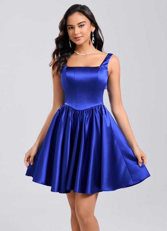 Trapèze col carré court satin robe de bal de promo avec nœud - gallery 2