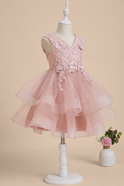 Trapèze col v longueur genou dentelle/tulle robes fille mariage avec perles/paillettes/motif floral 3d - gallery 8