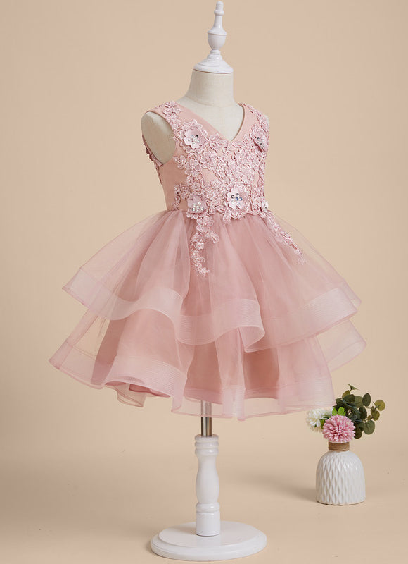 Trapèze col v longueur genou dentelle/tulle robes fille mariage avec perles/paillettes/motif floral 3d - gallery 8