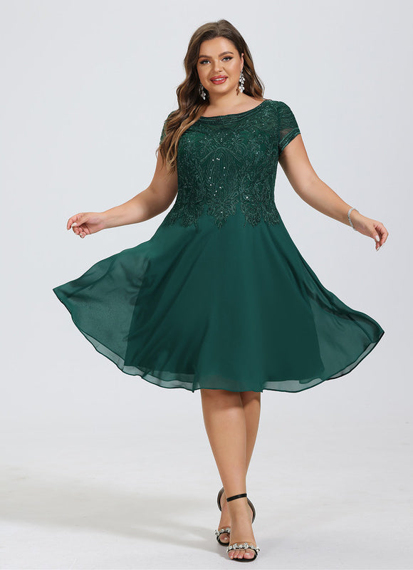 Trapèze col rond longueur genou dentelle mousseline robe de cocktail avec paillettes - gallery 7