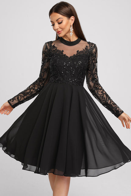 Trapèze col rond longueur genou dentelle mousseline robe de cocktail avec paillettes - gallery 4