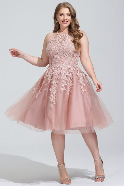 Trapèze col rond longueur genou tulle dentelle robe de bal de promo - gallery 5