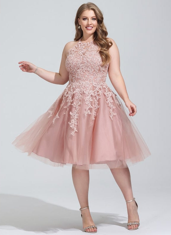 Trapèze col rond longueur genou tulle dentelle robe de bal de promo - gallery 5