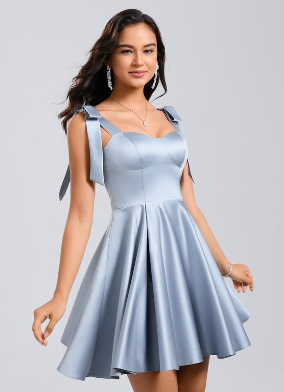 Trapèze col cœur court satin robe de bal de promo avec nœud - gallery 3