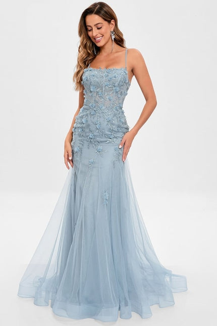 Sirène col droit traîne balayage tulle robe de bal avec fleurs - gallery 1