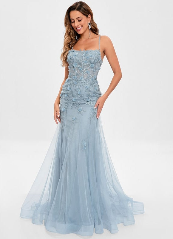 Sirène col droit traîne balayage tulle robe de bal avec fleurs - gallery 1