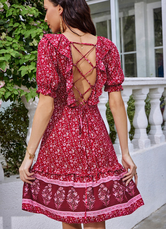 Robe imprimé fleur col rond trapèze rayonne mini - gallery 2