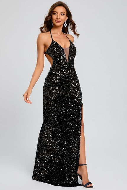 Fourreau col v longueur ras du sol paillette robe de bal avec paillettes - gallery 2