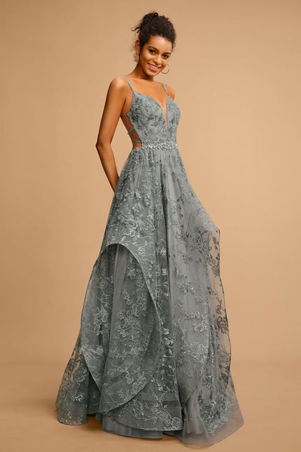 Princesse col v longueur ras du sol tulle dentelle robe de bal - gallery 3
