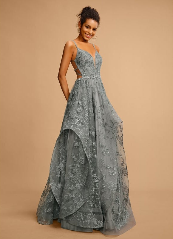 Princesse col v longueur ras du sol tulle dentelle robe de bal - gallery 3