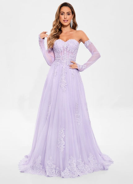 Trapèze col cœur traîne balayage tulle robe de bal avec paillettes appliques de dentelle