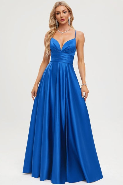 Trapèze col v longueur ras du sol satin robe de bal avec plissée - gallery 4
