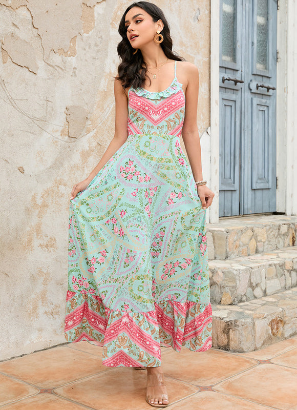 Robe imprimé fleur licou trapèze polyester maxi - gallery 1