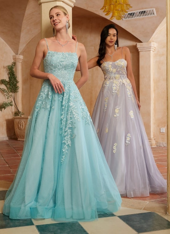 Princesse col droit longueur ras du sol tulle robe de bal avec paillettes appliques de dentelle - gallery 5