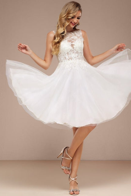 Trapèze col bateau longueur genou tulle dentelle robe de mariée avec paillettes - gallery 3