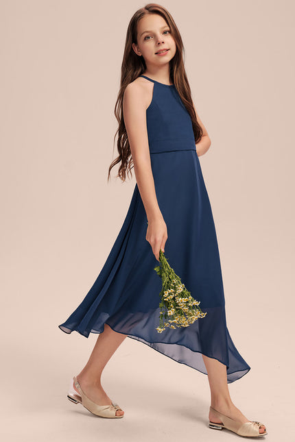 Trapèze licou asymétrique mousseline robe de demoiselle d'honneur - junior - gallery 1