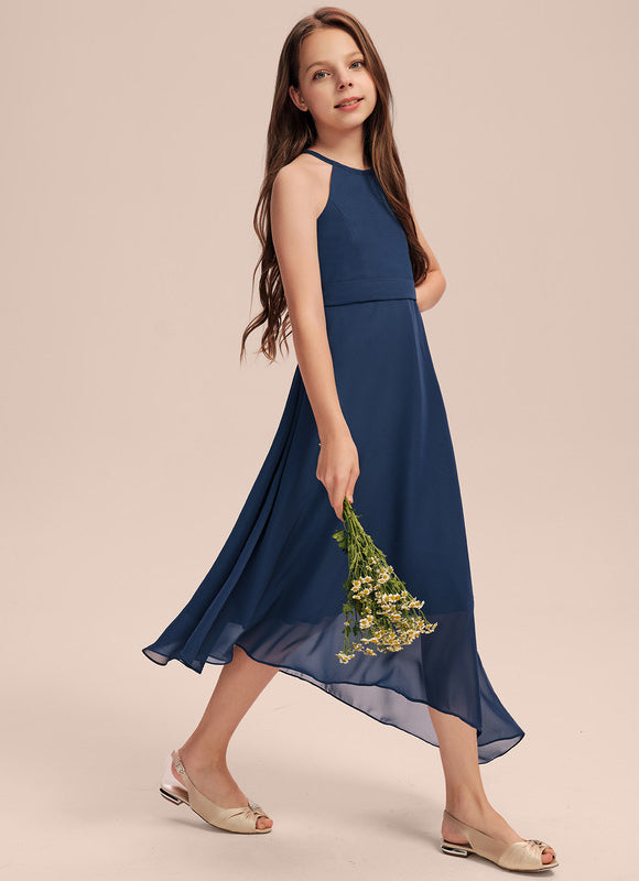 Trapèze licou asymétrique mousseline robe de demoiselle d'honneur - junior - gallery 1